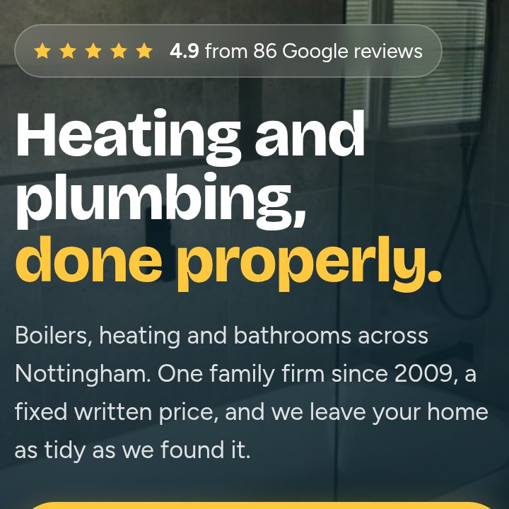 The new site's headline: '4.9 from 86 Google reviews' above 'Heating and plumbing, done properly.'