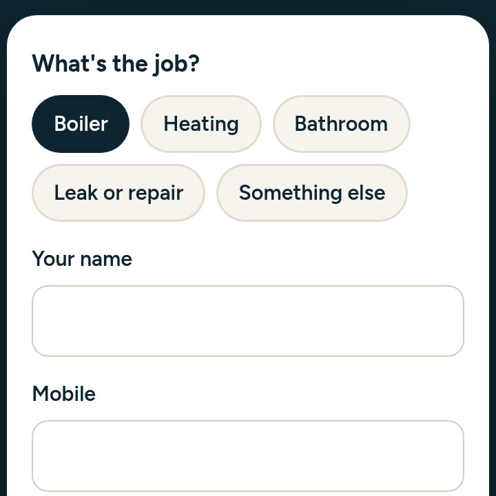 The new site's quote form: tap the job (boiler, heating, bathroom), then your name and mobile
